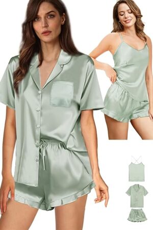 Womens 3Pcs Satin Pajamas Set Ruffle Silk Pajama Sets XS-4XL Sexy Camisole Silky Sleepwear Loungewear Pj Sets