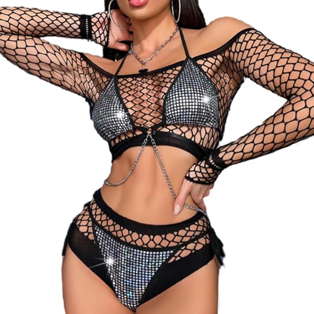 Women Sexy Mesh Lingerie Set See Through Fishnet Bodysuit Shiny Lace Up Halter Top with Panties Rave Outfits