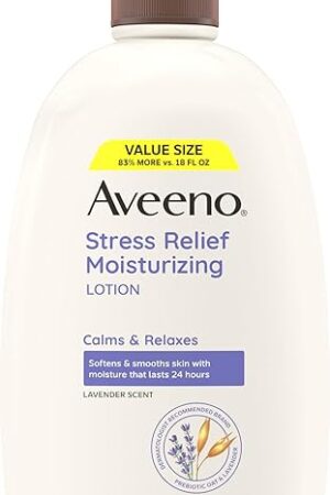 Aveeno Stress Relief Moisturizing Body Lotion 33 Fl Oz, Lavender Scent with Prebiotic Oat, Hydrating 24-Hour Moisturizer Non-Greasy for Dry Sensitive Skin, Paraben & Dye Free, Calming & Relaxing