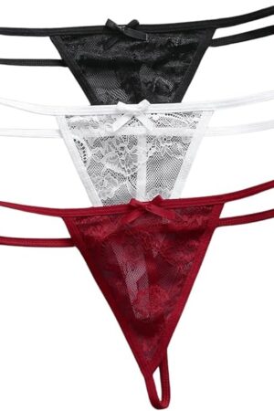 Women's 3 Pack Lace G String Thongs Low Rise T Back Sexy Panty Bow Tanga Underwear