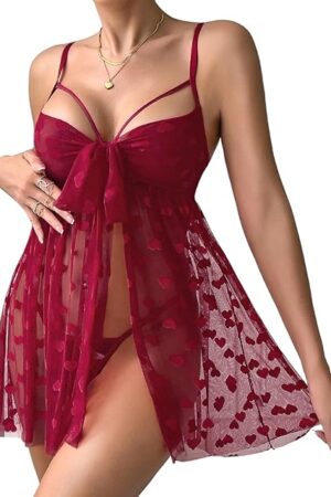 Christmas Lingerie For Women Sexy Gift, Unwrap Me Bow Heart Flowy Babydoll Valentines, Sheer Mesh Sleepwear Exotic