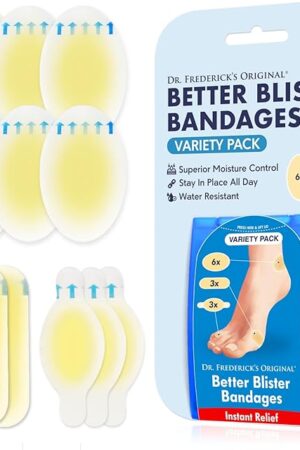 Dr Frederick's Original Better Blister Bandages - 12ct - Water Resistant - 40% More Cushioning - Hydrocolloid Bandages for Foot, Toe, & Heel - Blister Pads for Prevention & Recovery - Variety Pack