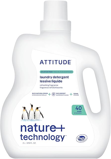 ATTITUDE Liquid Laundry Detergent, EWG Verified, HE Compatible, Plant-Based & Vegan, Natural Laundry Soap, Mountain Fresh Scent, 40 Loads, 676 Fl Oz