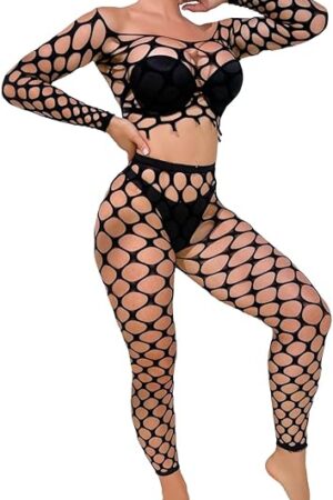 Women's Sexy Lingerie Mesh Bodysuit Long Sleeve Sultry Elegant Lace Underwear Seductive Nightwear