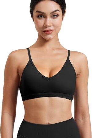 Women V Neck Sports Bras Crisscross Adjustable Strappy Wirefree Padded Low Impact Yoga Gym Bra Workout Crop Tops