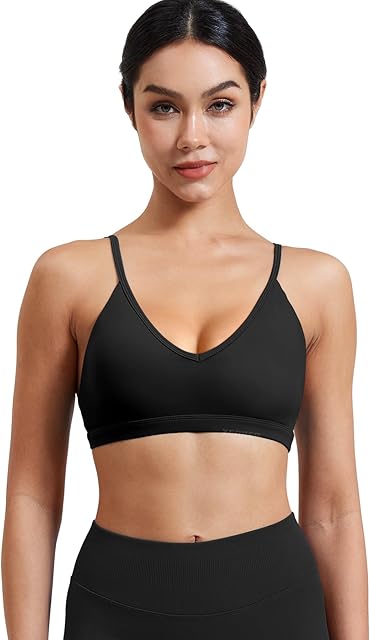 Women V Neck Sports Bras Crisscross Adjustable Strappy Wirefree Padded Low Impact Yoga Gym Bra Workout Crop Tops