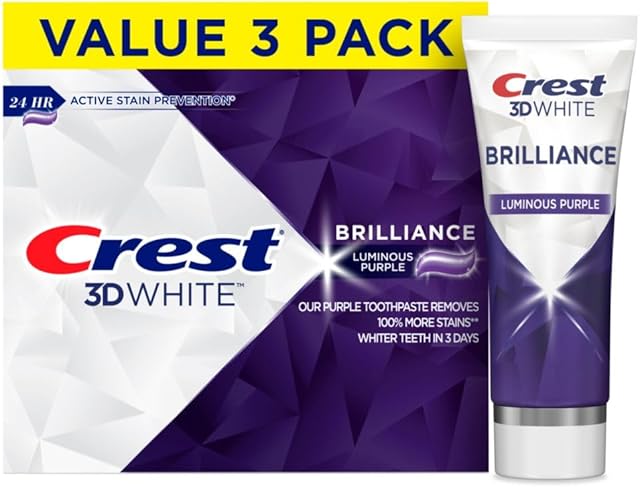 Crest 3D White Brilliance Luminous Purple Teeth Whitening Toothpaste, 46 oz Pack of 3, Anticavity Fluoride Toothpaste, Fights 100% More Surface Stains, 24 Hour Active Stain Prevention