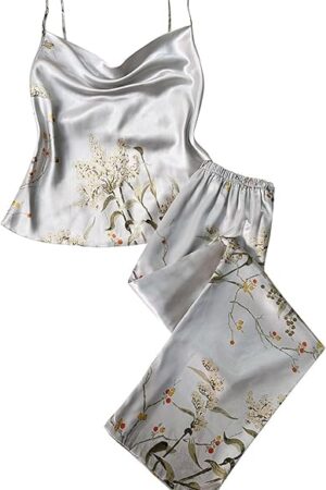 Womens Pajama Sets Shorts Silk Sexy Lingerie Printed Sling Top and Lounge Elastic Wide Leg Pants Sleepwear Set