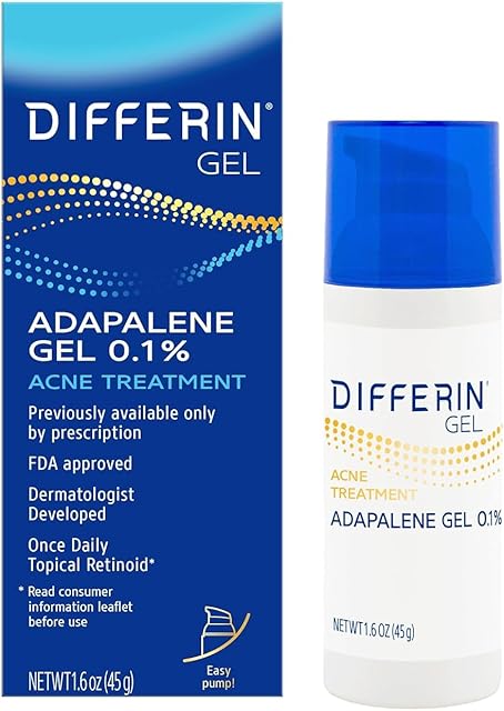 Differin Acne Treatment Gel, 90 Day Supply, Retinoid Treatment for Face with 0.1% Adapalene, Gentle Skin Care for Acne Prone Sensitive Skin, 45g Pump (Packaging May Vary)