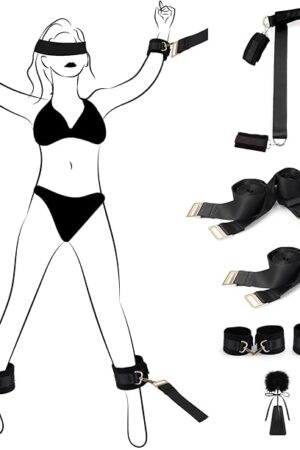 BDSM Bed Bondage Restraints Sex Toys, Neck to Wrist Ankle Straps Harness Adjustable Sex Handcuffs with Blindfold and Tickler Bondage Gear & Accessories for Couple Play