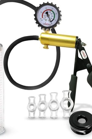 LeLuv Ultima Penis Pump Kit, Brass w/Premium Black Silicone Grips and Hose + Protected Gauge - Bundle with 4 Constriction Rings - 9" x 2.00" Round-Flange Cylinder