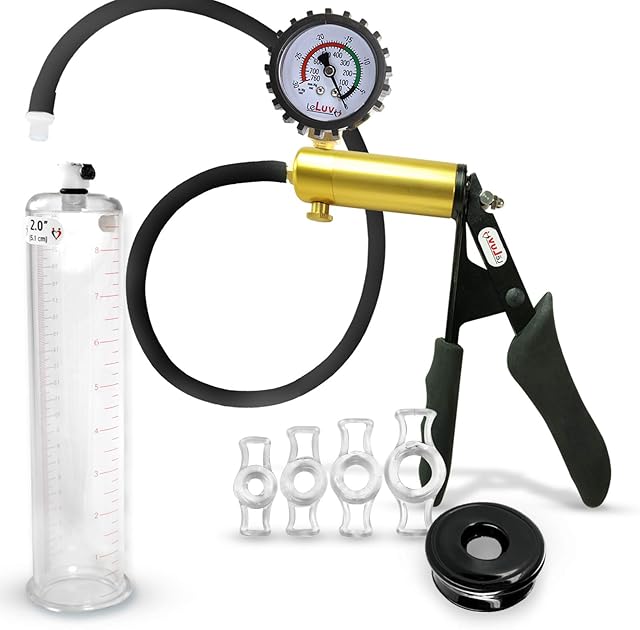 LeLuv Ultima Penis Pump Kit, Brass w/Premium Black Silicone Grips and Hose + Protected Gauge - Bundle with 4 Constriction Rings - 9" x 2.00" Round-Flange Cylinder