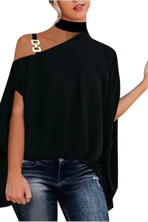 Women Summer Asymmetrical Shirts Tops Sexy Off Shoulder Bat Sleeve Halter Neck Irregular T-Shirts Solid Loose Blouses Black