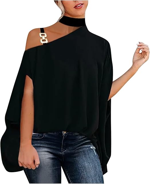 Women Summer Asymmetrical Shirts Tops Sexy Off Shoulder Bat Sleeve Halter Neck Irregular T-Shirts Solid Loose Blouses Black