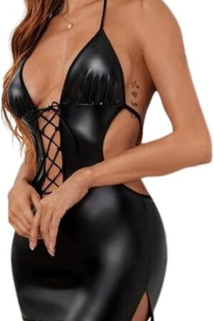 Women's PU Leather Lingerie Babydoll Hollow Nightgown Chemise Boudoir Nighty Teddy Lingerie