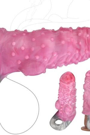 Dog Penis Sleeve Enlargement for Men, 6inch Pink Soft Silicone Monster Dildo Grith Extender with Penis Ring Ejaculation Delay for Couples (PinkGrey)