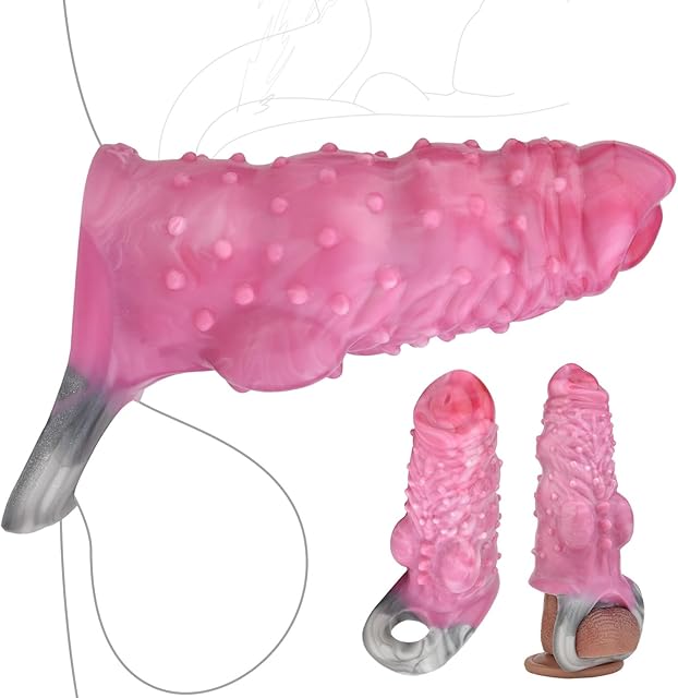 Dog Penis Sleeve Enlargement for Men, 6inch Pink Soft Silicone Monster Dildo Grith Extender with Penis Ring Ejaculation Delay for Couples (PinkGrey)
