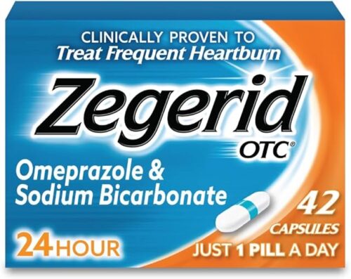 Zegerid OTC, Omeprazole 20mg and Sodium Bicarbonate, Heartburn Medicine, Acid Reducer, PPI, 24hr All Day Protection, 1 Pack 42 Capsules