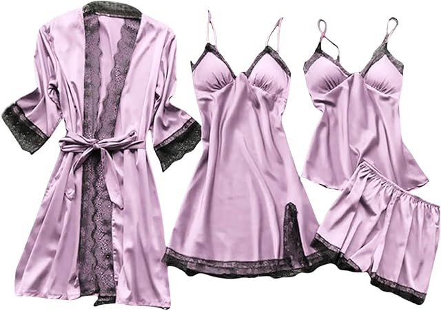 Women's Pajamas Set Sexy Lingerie Robe Set 4Pcs Silk Satin Floral Lace Trim Cami Shorts Sleepwear Cute Loungewear