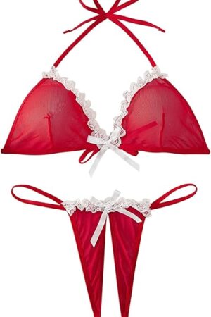 2 PCS Sexy Lace Lingerie Set Women's Exotic Bra and Panty Unlined Halter Underwear Side Tie Briefs with Bow