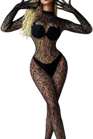 Womens Fishnet Leopard Print Bodystocking Sexy Lingerie Tight-Fitting BodySuit Sheer Mesh One-Piece Long Sleeves Cut-Out Back Full Body Jumpsuit Nightclub Party Club Rave Outfits Black XS-XL