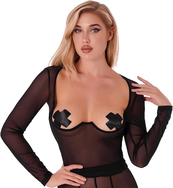 Women's Long Sleeve Crop Tops Quarter Cups Exposed Bra See Through Mesh Shirts