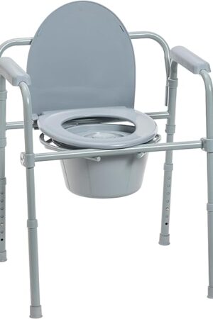 Drive Medical 11148-1 Folding Steel Bedside Commode Chair, Portable Toilet, Supports Individuals Weighing Up To 350 Lbs, with 75 Qt Bucket and 135 Inch Seat, Grey