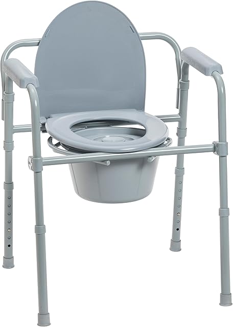 Drive Medical 11148-1 Folding Steel Bedside Commode Chair, Portable Toilet, Supports Individuals Weighing Up To 350 Lbs, with 75 Qt Bucket and 135 Inch Seat, Grey