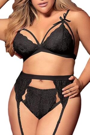 Women Plus Size Lingerie - Sexy Bow Lace Bodysuit Exotic Strap Harness Bra Panty Garter Belt 3pcs Set