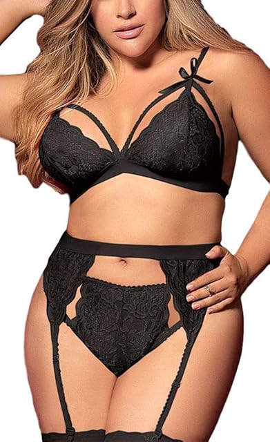 Women Plus Size Lingerie - Sexy Bow Lace Bodysuit Exotic Strap Harness Bra Panty Garter Belt 3pcs Set