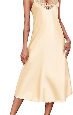 Womens Satin Long Nightgown Lace Trim Silk Lingerie Slip Dress Sexy Spaghetti Strap Nightdress