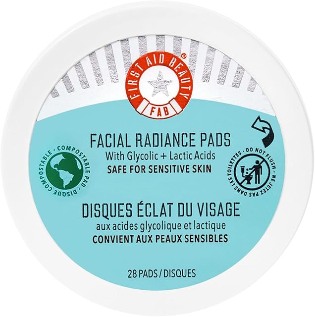 First Aid Beauty - Facial Radiance Pads with Gycloic & Lactic Acids ? Daily Exfoliating Pads with AHA that Help Tone & Brighten Skin ? Makeup Routine Prep - Compostable for Daily Use ? 28 Count