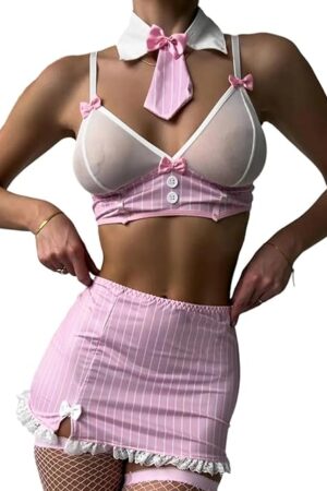 Women Naughty Mini Lingerie Skirt Outfit Sexy Sheer Floral Lace Bow Garter Babydoll Pjs Set Halloween Nightwear