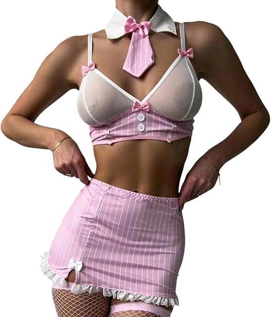 Women Naughty Mini Lingerie Skirt Outfit Sexy Sheer Floral Lace Bow Garter Babydoll Pjs Set Halloween Nightwear