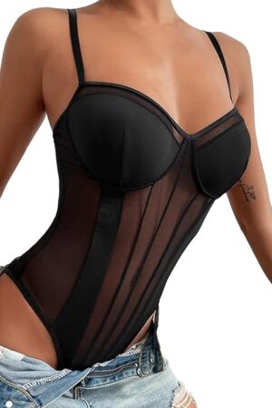 Women's Lace Mesh Through Top Fashion Trend Street Metal Retro Camisole Lingerie Sets Sexy Paper Underwear Spring