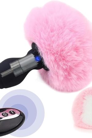 Bunny Tail Butt Plug Vibrator, Soft Silicone Anal Plug with Pink Faux Fur, Wireless Remote Control Design, Rabbit Tail Trainer for Adult Sex Toys for Role Play Cosplay Women, Men and Couples, Cute Sex