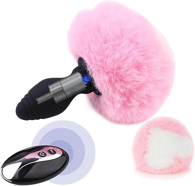 Bunny Tail Butt Plug Vibrator, Soft Silicone Anal Plug with Pink Faux Fur, Wireless Remote Control Design, Rabbit Tail Trainer for Adult Sex Toys for Role Play Cosplay Women, Men and Couples, Cute Sex