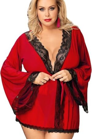 Women Lace Kimono Robe Lingerie Sexy Robes Mesh Chemise Nightgown Flare Sleeve Bathrobe
