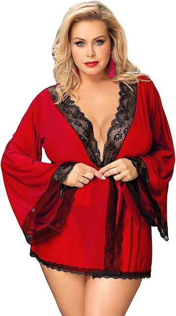 Women Lace Kimono Robe Lingerie Sexy Robes Mesh Chemise Nightgown Flare Sleeve Bathrobe