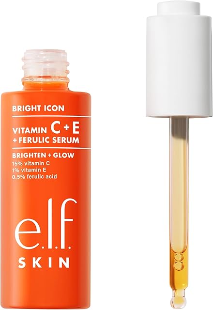 elf SKIN Bright Icon Vitamin C + E + Ferulic Serum, Brightening & Soothing Face Serum, Helps Even Skin Tone, Vegan & Cruelty-Free, 1 fl oz