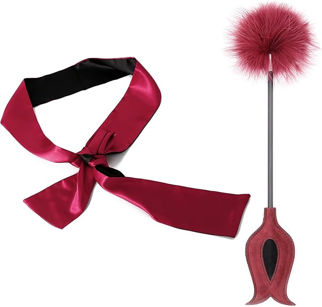 16'' Feather Tickler and Silk Blindfold Eye Mask for BDSM Play? French Tickler Kit with Faux Feather Teaser for Play Romantic Adult Fetish Kit