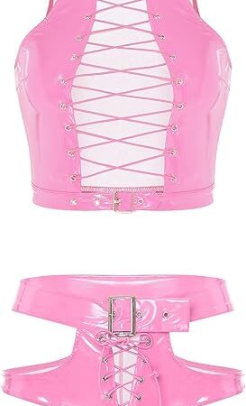 Women Sexy Leather Lingerie Set Shiny Metallic Rave Outfit Hollow Out Vest and Booty Shorts