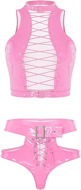 Women Sexy Leather Lingerie Set Shiny Metallic Rave Outfit Hollow Out Vest and Booty Shorts