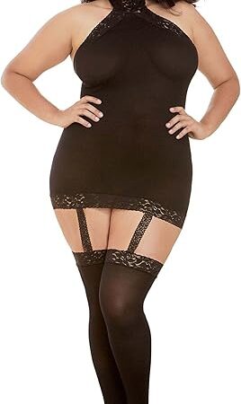 Women's Plus Size Sexy Fashion Lingerie, Semi-Sheer Halter Garter Dress with Thigh High Stockings, Black, One Size