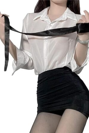 Women Secretary Uniform Sexy Cosplay Lingerie Sheer Mesh Teacher Costume Office Lady Outfit 2 Pieces Long Sleeve Shirt and Mini Skirt Blouse Set Halloween Naughty Anime Roleplay Underwear with Tie