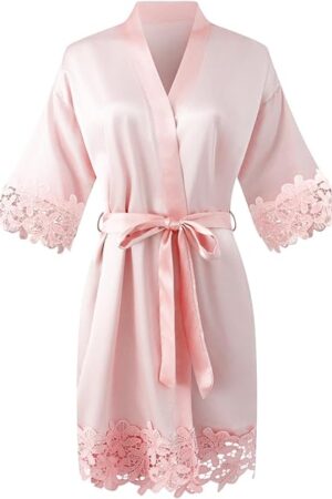 Womens Short Satin Robe Lace Trim Silk Kimono Sleepwear Bridesmaid Robes for Bride Wedding Party Nightgown