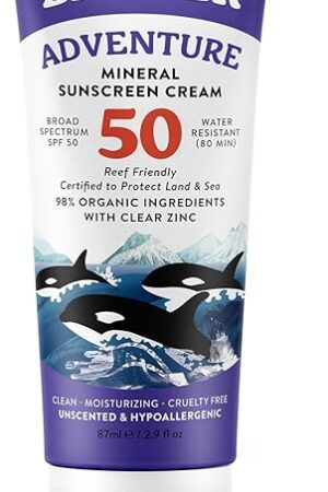 Badger Mineral Sunscreen SPF 50 with 98% Organic Ingredients& Zinc Oxide, Reef Safe/Reef Friendly Sunscreen, Hypoallergenic, Water Resistant, Unscented Adventure Sport 29 fl oz