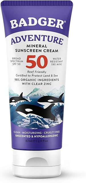 Badger Mineral Sunscreen SPF 50 with 98% Organic Ingredients& Zinc Oxide, Reef Safe/Reef Friendly Sunscreen, Hypoallergenic, Water Resistant, Unscented Adventure Sport 29 fl oz