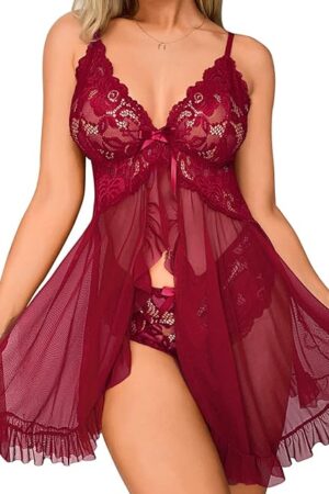 Baby Doll Lingerie For Women,Sexy Maternity Floral Lace Babydoll,Mesh Sheer Thong Two Piece Negligee Lingerie Set