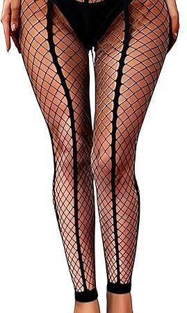 Women's Fishnet Pantyhose with Wide Lace Black Stripe Sexy Black Stretchy Mesh High Waist Tights Leggings Party
